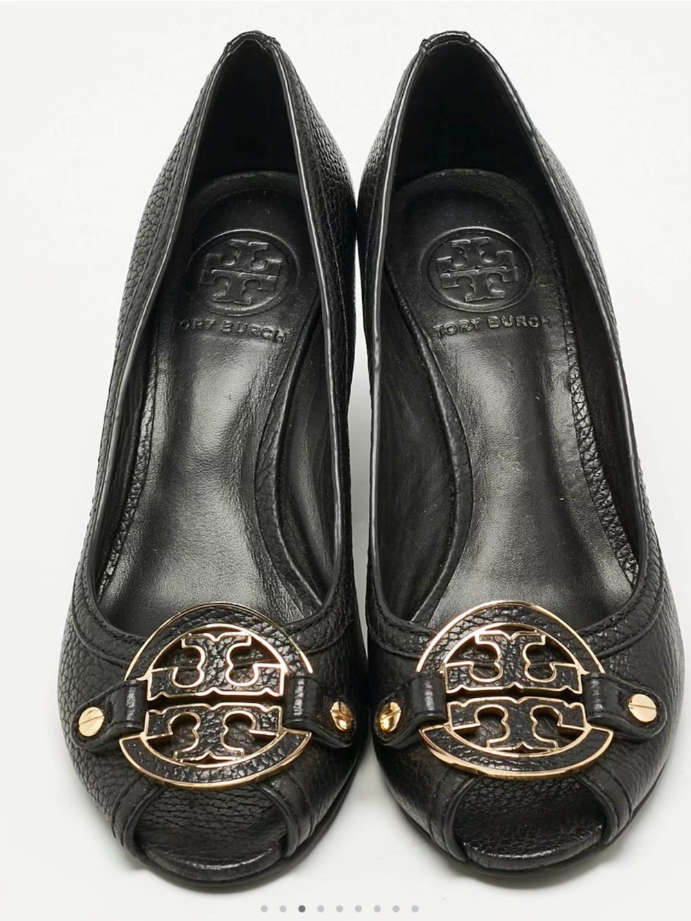 Tory Burch “Amanda”Black Leather Peep-Toe Flats with Gold Logo Medallion
